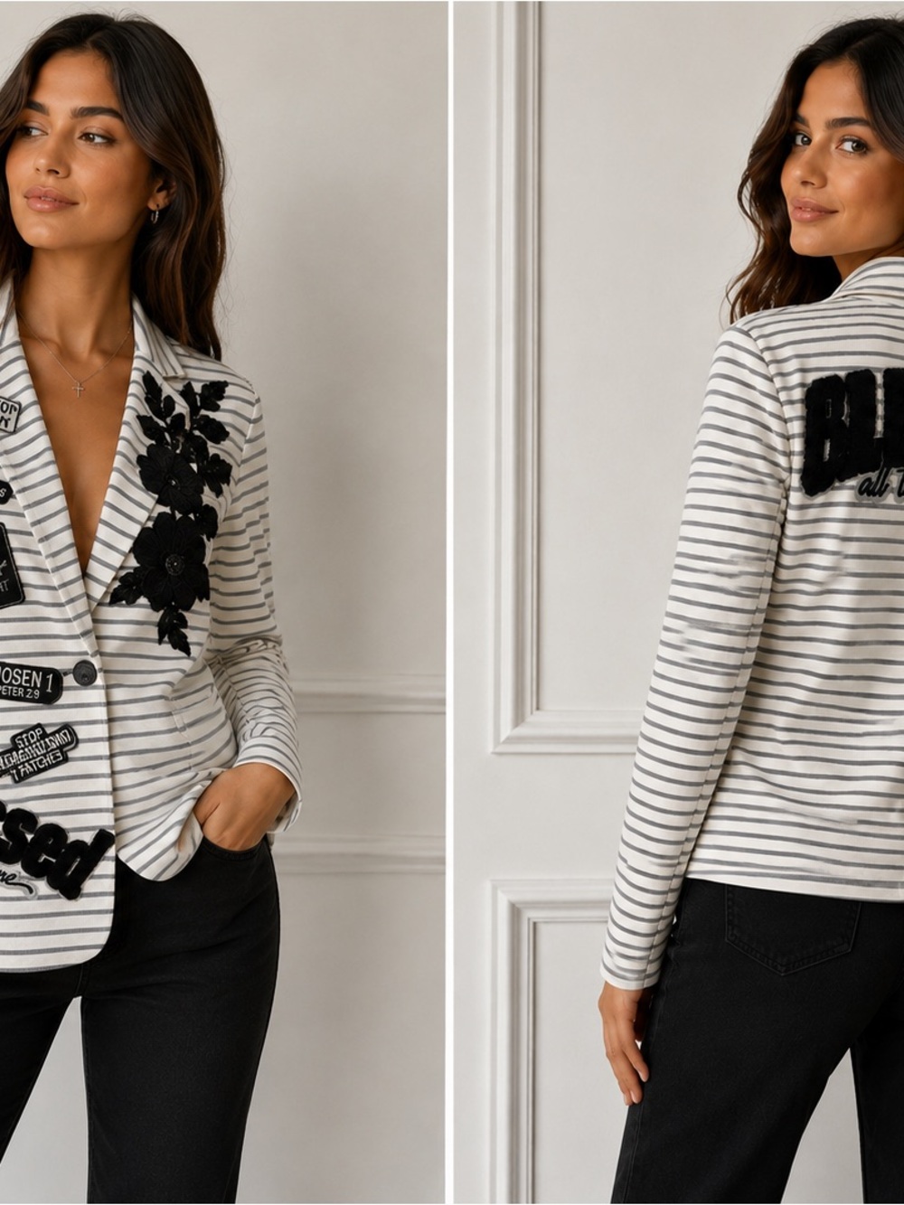 Tahari Black & White Striped Embroidered Blazer